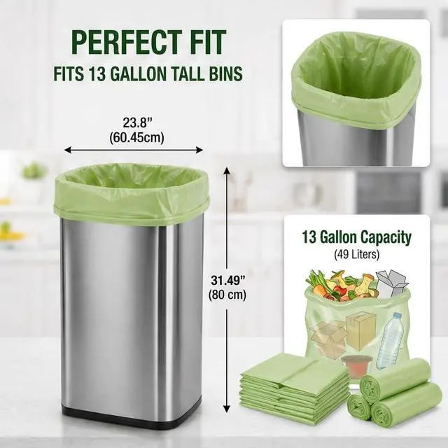 Alt view image 6 of 7 - 13 Gallon Compostable Trash Bags, 50 Count, 0.9 Mil Extra Thick Tall Kitchen Bags for Food Waste & Compost, BPI ASTM D6400 & OK Compost Home Certified