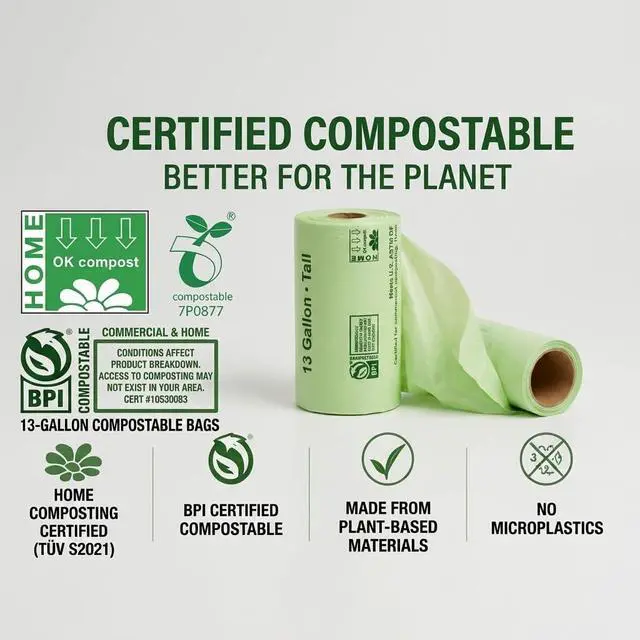 Alt view image 5 of 7 - 13 Gallon Compostable Trash Bags, 50 Count, 0.9 Mil Extra Thick Tall Kitchen Bags for Food Waste & Compost, BPI ASTM D6400 & OK Compost Home Certified