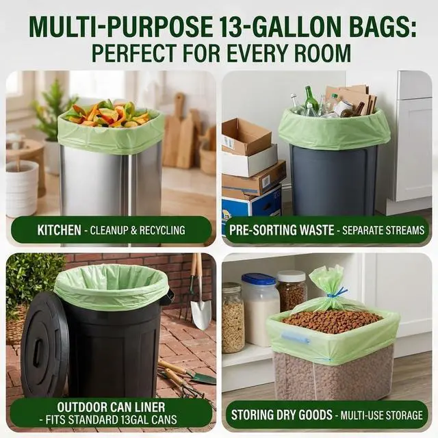Alt view image 7 of 7 - 13 Gallon Compostable Trash Bags, 50 Count, 0.9 Mil Extra Thick Tall Kitchen Bags for Food Waste & Compost, BPI ASTM D6400 & OK Compost Home Certified