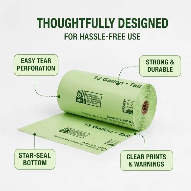 Alt view image 3 of 7 - 13 Gallon Compostable Trash Bags, 50 Count, 0.9 Mil Extra Thick Tall Kitchen Bags for Food Waste & Compost, BPI ASTM D6400 & OK Compost Home Certified