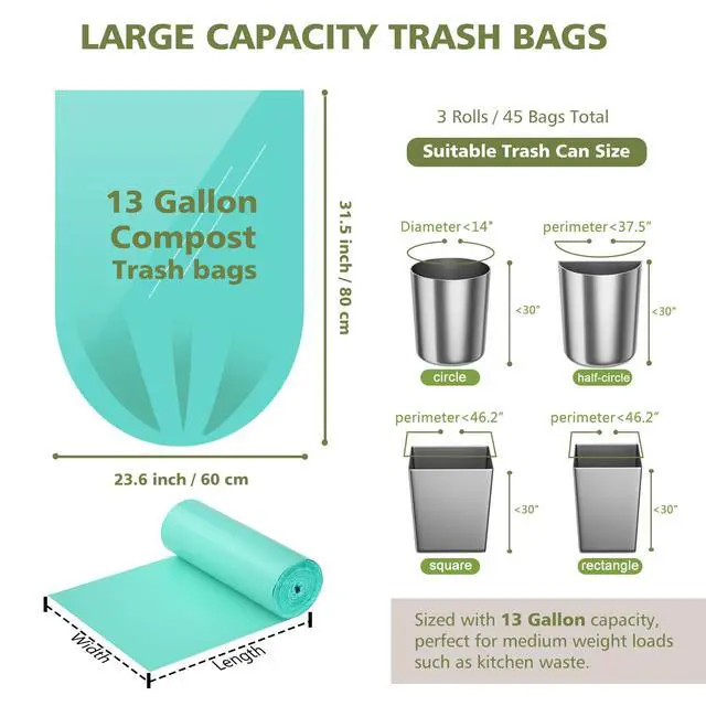 Alt view image 3 of 7 - Compostable Trash Bags 13 Gallon Tall Kitchen Trash Bags, 45 Count