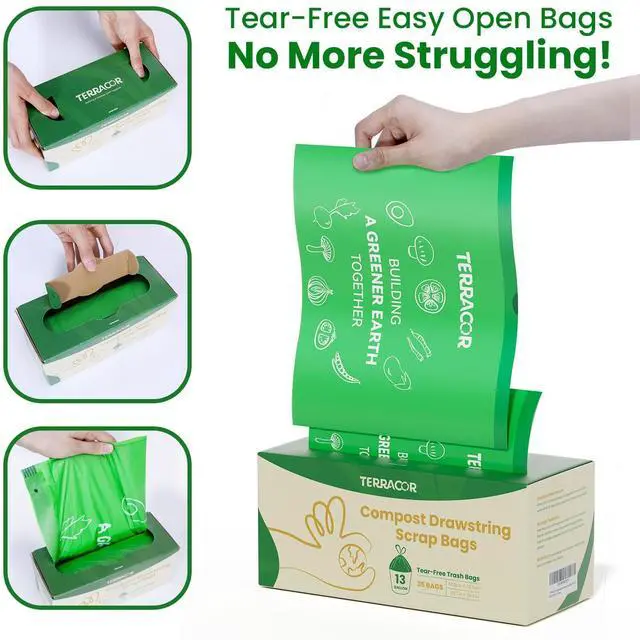 Alt view image 2 of 6 - 13 Gallon Compostable Trash Bags Drawstring, Heavy Duty Extra Thick 1 Mil, 35 Bags, Tall Kitchen Food Scrap Waste Bag, ASTM D6400