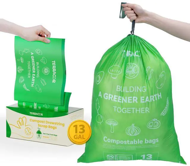 Alt view image 6 of 6 - 13 Gallon Compostable Trash Bags Drawstring, Heavy Duty Extra Thick 1 Mil, 35 Bags, Tall Kitchen Food Scrap Waste Bag, ASTM D6400
