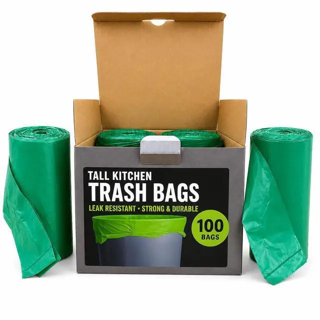 Main image of 13 Gallon Tall Kitchen Trash Bags with Tie Handles (100 Count), Green Garbage Bags, Trash Can Liners, Wastebasket Bags, Portable Camping Toilet Bags