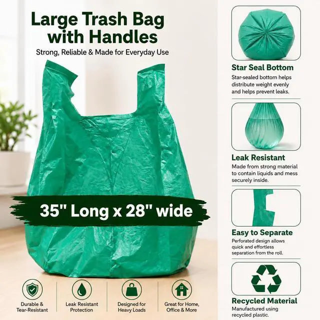 Alt view image 2 of 7 - 13 Gallon Tall Kitchen Trash Bags with Tie Handles (100 Count), Green Garbage Bags, Trash Can Liners, Wastebasket Bags, Portable Camping Toilet Bags