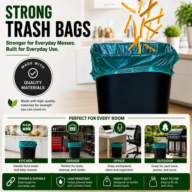 Alt view image 3 of 7 - 13 Gallon Tall Kitchen Trash Bags with Tie Handles (100 Count), Green Garbage Bags, Trash Can Liners, Wastebasket Bags, Portable Camping Toilet Bags