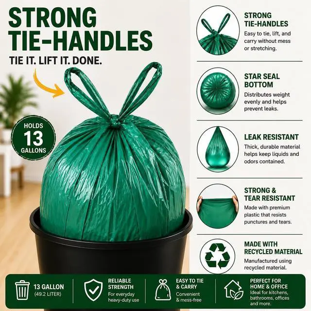 Alt view image 4 of 7 - 13 Gallon Tall Kitchen Trash Bags with Tie Handles (100 Count), Green Garbage Bags, Trash Can Liners, Wastebasket Bags, Portable Camping Toilet Bags