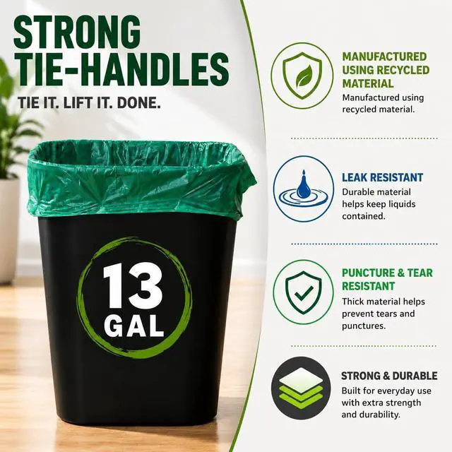 Alt view image 5 of 7 - 13 Gallon Tall Kitchen Trash Bags with Tie Handles (100 Count), Green Garbage Bags, Trash Can Liners, Wastebasket Bags, Portable Camping Toilet Bags