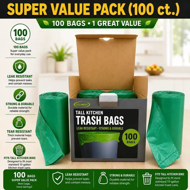 Alt view image 6 of 7 - 13 Gallon Tall Kitchen Trash Bags with Tie Handles (100 Count), Green Garbage Bags, Trash Can Liners, Wastebasket Bags, Portable Camping Toilet Bags