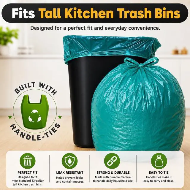 Alt view image 7 of 7 - 13 Gallon Tall Kitchen Trash Bags with Tie Handles (100 Count), Green Garbage Bags, Trash Can Liners, Wastebasket Bags, Portable Camping Toilet Bags