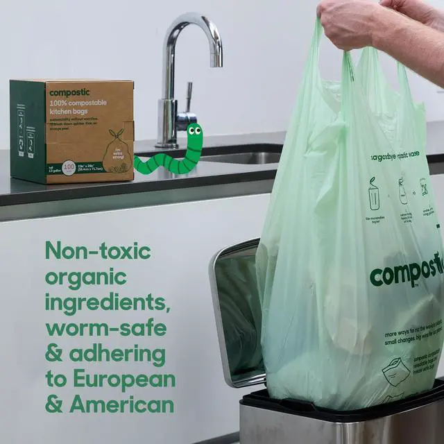 Alt view image 3 of 7 - Compostable Trash Bags, 3 Gallon Small Bathroom & Office (100 Count) Bulk Pack Extra Strong, Home Compostable, Plant-Based, Non-Toxic Garbage Bags