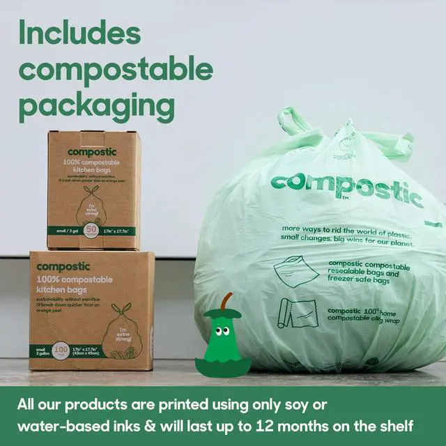 Alt view image 6 of 7 - Compostable Trash Bags, 3 Gallon Small Bathroom & Office (100 Count) Bulk Pack Extra Strong, Home Compostable, Plant-Based, Non-Toxic Garbage Bags