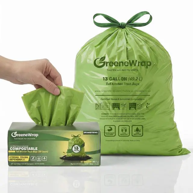 Main image of 13 Gallon Compostable Trash Bags with Drawstring, 30 Count, 1 Mil, Tall Kitchen Food Scrap Compost Bags, BPI Certified, ASTM D6400, Compostable Garbage Bags, Unscented, 13 Gal