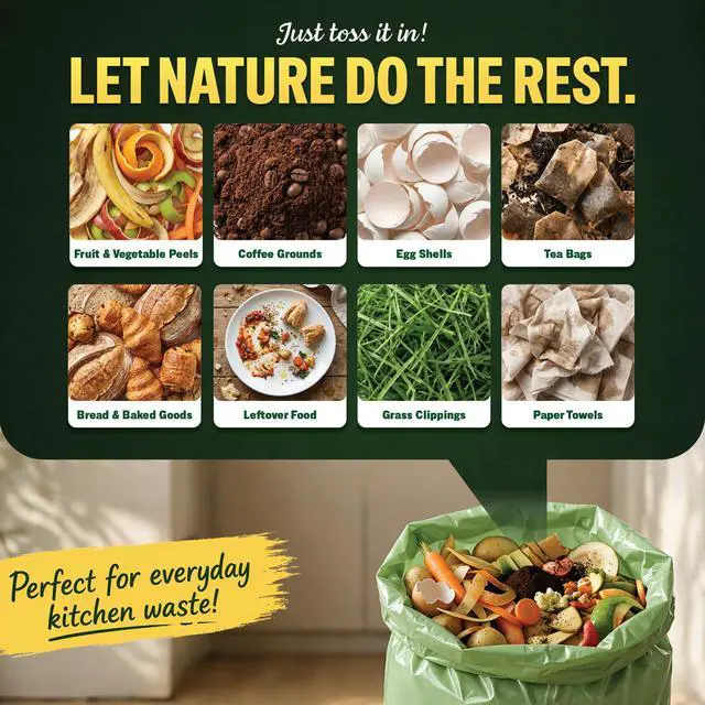 Alt view image 3 of 7 - 13 Gallon Compostable Trash Bags with Drawstring, 30 Count, 1 Mil, Tall Kitchen Food Scrap Compost Bags, BPI Certified, ASTM D6400, Compostable Garbage Bags, Unscented, 13 Gal