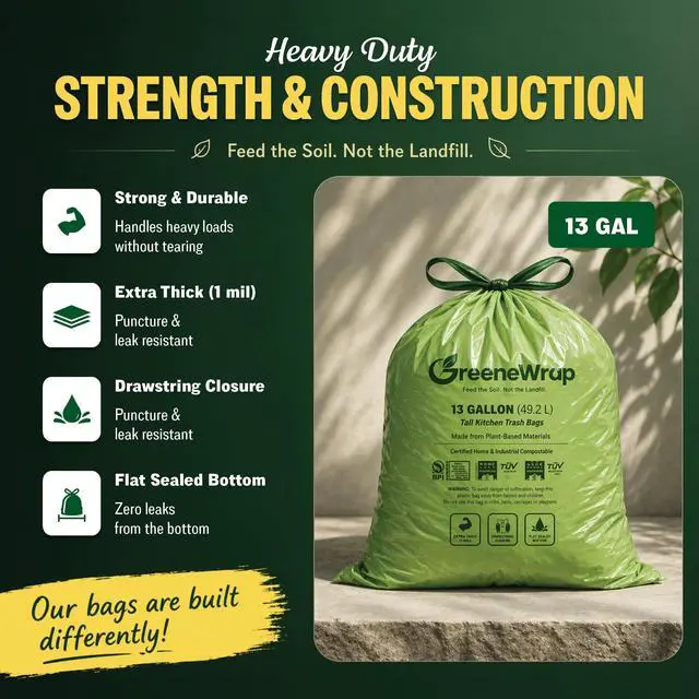 Alt view image 4 of 7 - 13 Gallon Compostable Trash Bags with Drawstring, 30 Count, 1 Mil, Tall Kitchen Food Scrap Compost Bags, BPI Certified, ASTM D6400, Compostable Garbage Bags, Unscented, 13 Gal