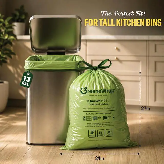 Alt view image 5 of 7 - 13 Gallon Compostable Trash Bags with Drawstring, 30 Count, 1 Mil, Tall Kitchen Food Scrap Compost Bags, BPI Certified, ASTM D6400, Compostable Garbage Bags, Unscented, 13 Gal