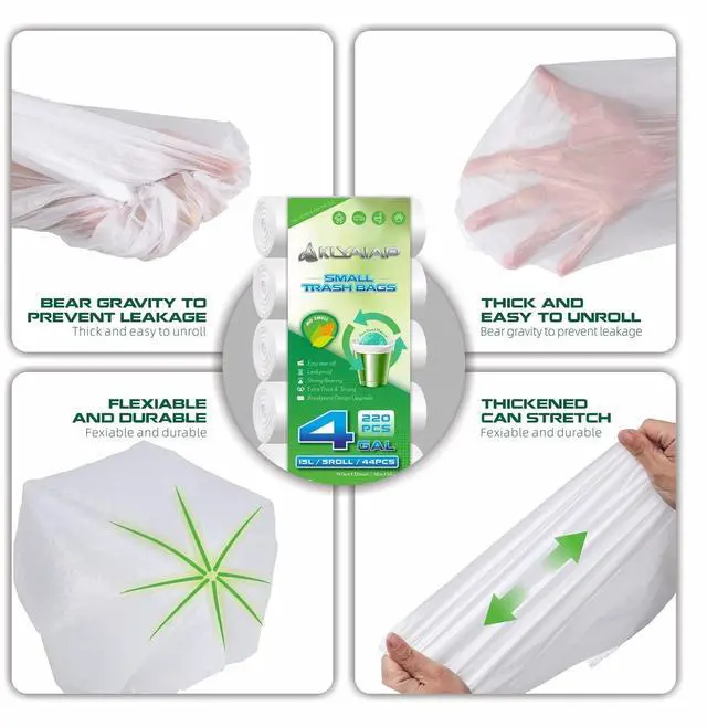 Alt view image 3 of 6 - 220 Counts 4 Gallon Trash Bag,Tear & Leak Resistant Bathroom Biodegradable Small Garbage Can Bags Unscented for Home & Kitchen, 5Rolls, White