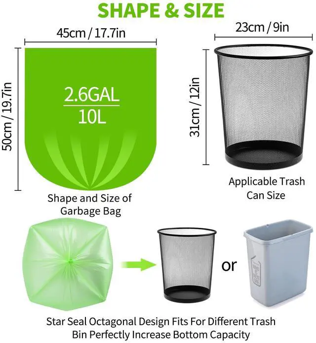 Alt view image 2 of 5 - Biodegradable Small Trash Bags, 3 Gallon / 10L, 200 Count | Premium Thick Garbage Bags, Unscented Eco-Friendly Bin Liners for Kitchen, Bathroom, Office & Bedroom | Compostable Trash Bags