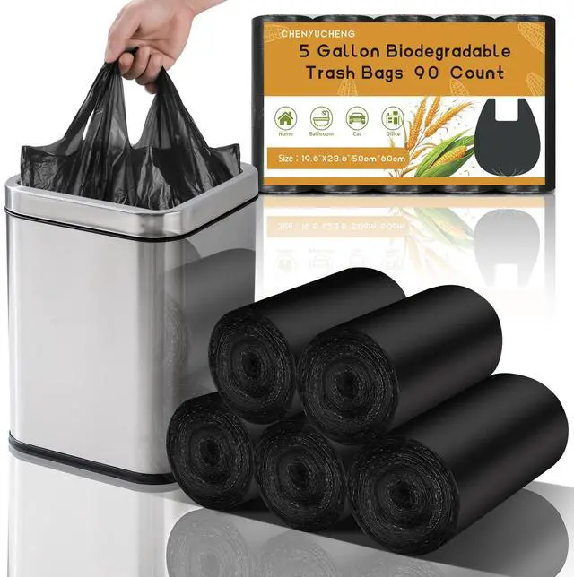 Main image of 5 Gallon Black Trash Bags With-Handles - Small Garbage Bags 90 Count 18 Liter Recycling Unscented Compostable Biodegradable Waste Basket Liners Bathroom Kitchen Office Strong Thick
