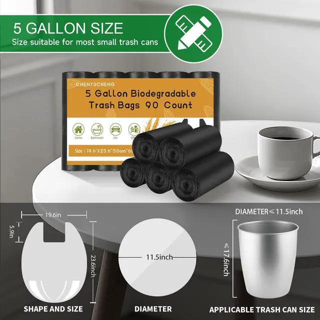 Alt view image 2 of 7 - 5 Gallon Black Trash Bags With-Handles - Small Garbage Bags 90 Count 18 Liter Recycling Unscented Compostable Biodegradable Waste Basket Liners Bathroom Kitchen Office Strong Thick