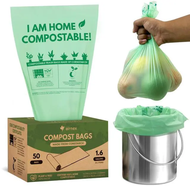 Main image of Small Compost Bags 1.6 Gal - 50 Compostable Kitchen Trash Bags for Countertop Bin - Cornstarch Leakproof & Tear-Resistant - OK Compost Home & Seedling Certified 0.18 mm Kitchen Garbage Bags