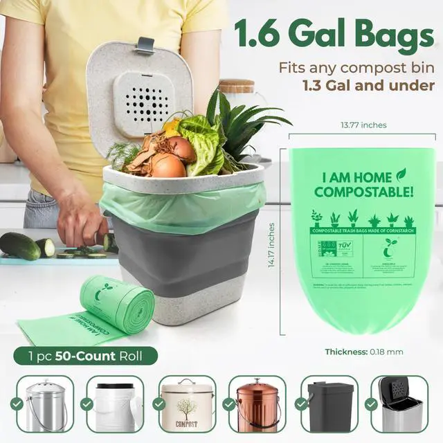 Alt view image 2 of 7 - Small Compost Bags 1.6 Gal - 50 Compostable Kitchen Trash Bags for Countertop Bin - Cornstarch Leakproof & Tear-Resistant - OK Compost Home & Seedling Certified 0.18 mm Kitchen Garbage Bags