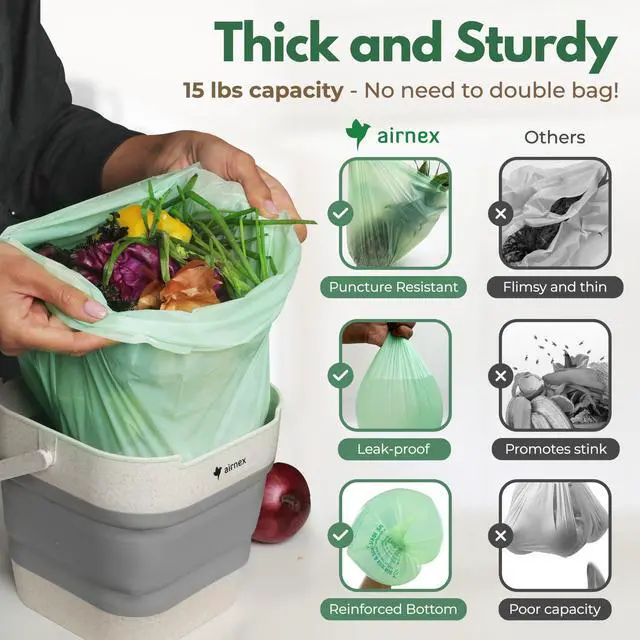 Alt view image 3 of 7 - Small Compost Bags 1.6 Gal - 50 Compostable Kitchen Trash Bags for Countertop Bin - Cornstarch Leakproof & Tear-Resistant - OK Compost Home & Seedling Certified 0.18 mm Kitchen Garbage Bags