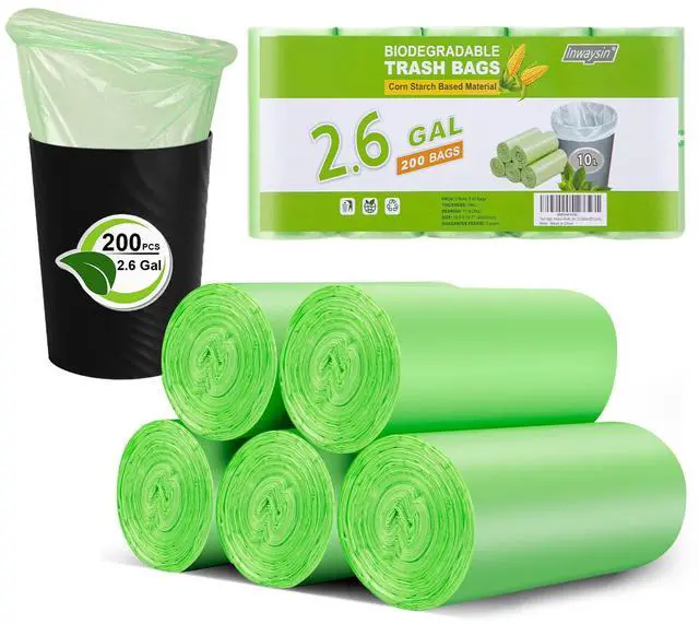 Main image of 200 Count 2.6 Gallon Plant Starch Based Bathroom Trash Bags, Strong, Unscented, Expanded, Green, 10L