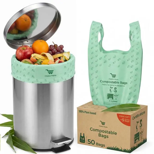 Main image of 50 Home Compostable Trash Bags, Easy Tie Handles, 1.6 Gallon
