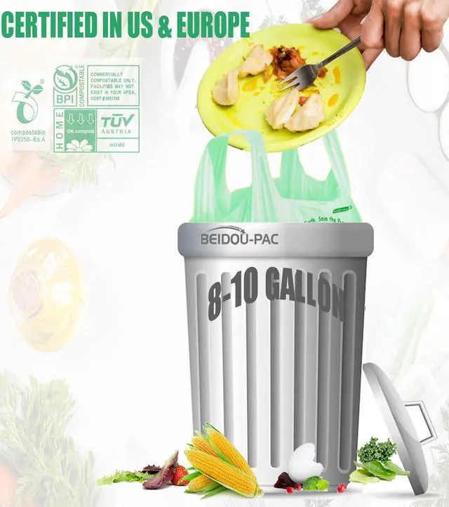 Alt view image 4 of 7 - 8-10 Gallon Compostable Trash Bags, 60 Count - Ideal for Kitchen & Food Scrap Waste, US BPI Certified to ASTM D6400 Standard