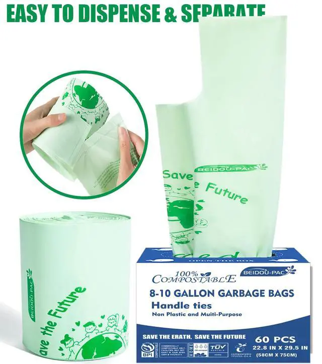 Alt view image 7 of 7 - 8-10 Gallon Compostable Trash Bags, 60 Count - Ideal for Kitchen & Food Scrap Waste, US BPI Certified to ASTM D6400 Standard