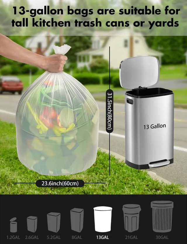 Alt view image 6 of 7 - Compost Bags 13 Gallon, 50 Count Biodegradable Compostable Tall Kitchen Can Liners, Thick Unscented Tear & Leak Proof Plant-Based Garbage Bags for Food Waste, Bathroom & Garden, white