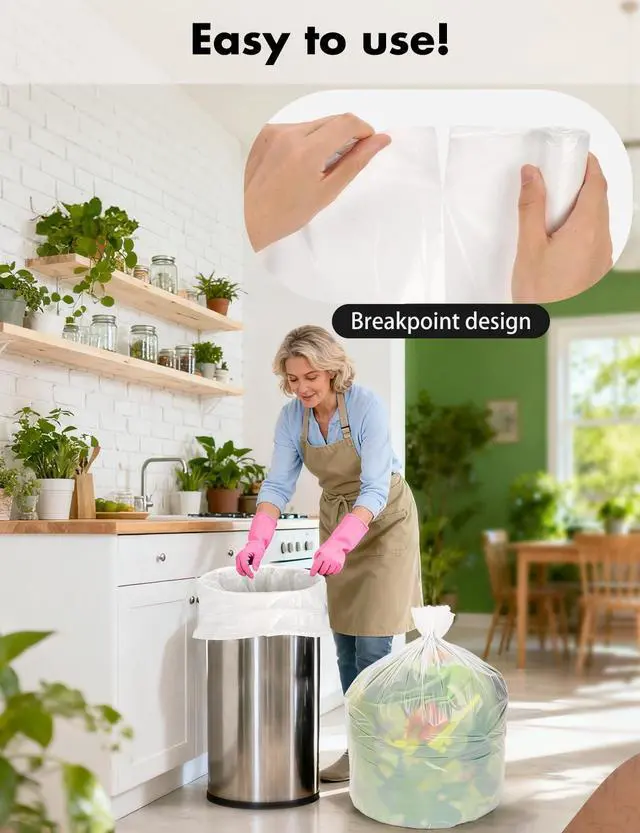 Alt view image 5 of 7 - Compost Bags 13 Gallon, 50 Count Biodegradable Compostable Tall Kitchen Can Liners, Thick Unscented Tear & Leak Proof Plant-Based Garbage Bags for Food Waste, Bathroom & Garden, white