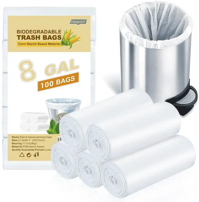 Main image of Medium Trash Bags 8-Gallon Compostable-Garbage-Bag - 100 Counts Clear White Tall Kitchen Unscented Biodegradable Thick Strong Compactor Waste Basket Liners for Bathroom Restroom