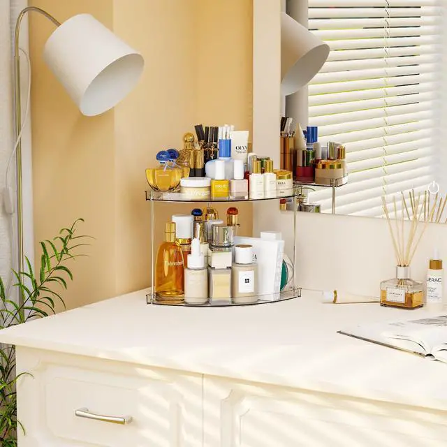 Alt view image 4 of 7 - Clear Corner Bathroom Counter Organizer,2Tier Tiered Countertop Corner Shelf for Perfume,Beauty Products,Makeup Organizer,Skincare Organizers,Vanity Storage Tray for Bedroom,Bathroom Sink Shelf