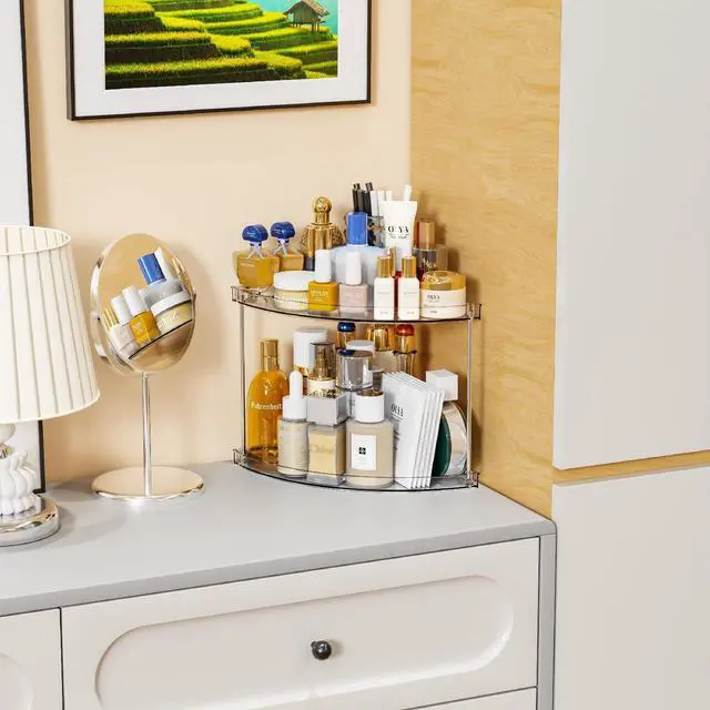 Alt view image 5 of 7 - Clear Corner Bathroom Counter Organizer,2Tier Tiered Countertop Corner Shelf for Perfume,Beauty Products,Makeup Organizer,Skincare Organizers,Vanity Storage Tray for Bedroom,Bathroom Sink Shelf
