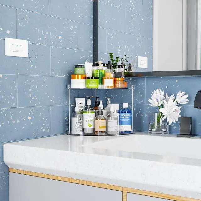 Alt view image 6 of 7 - Clear Corner Bathroom Counter Organizer,2Tier Tiered Countertop Corner Shelf for Perfume,Beauty Products,Makeup Organizer,Skincare Organizers,Vanity Storage Tray for Bedroom,Bathroom Sink Shelf