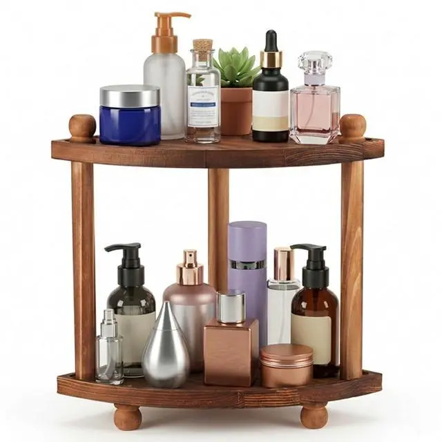 Main image of Corner Bathroom Counter Organizer, 2-Tier Bathroom Organizers and Storage, Wooden Vanity Perfume Organizer Makeup Countertop Shelf for Kitchen Dresser