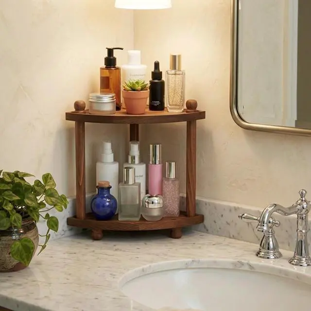 Alt view image 2 of 7 - Corner Bathroom Counter Organizer, 2-Tier Bathroom Organizers and Storage, Wooden Vanity Perfume Organizer Makeup Countertop Shelf for Kitchen Dresser