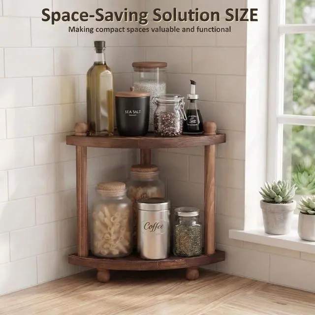 Alt view image 5 of 7 - Corner Bathroom Counter Organizer, 2-Tier Bathroom Organizers and Storage, Wooden Vanity Perfume Organizer Makeup Countertop Shelf for Kitchen Dresser