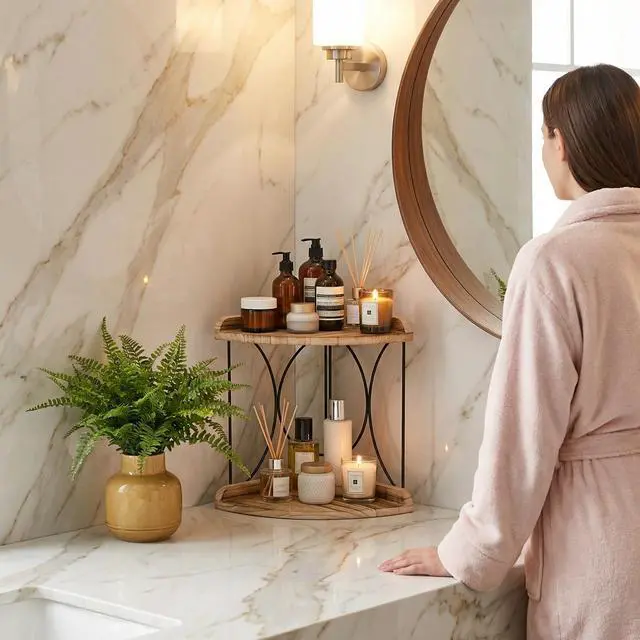 Alt view image 5 of 7 - 2-Tier Bathroom Counter Organizer, Wood Vanity Corner Shelf, Skincare Storage Standing Tray, Kitchen Countertop Spice Rack, Makeup Perfume Holder for Bathroom Organization, Dresser, Kitchen