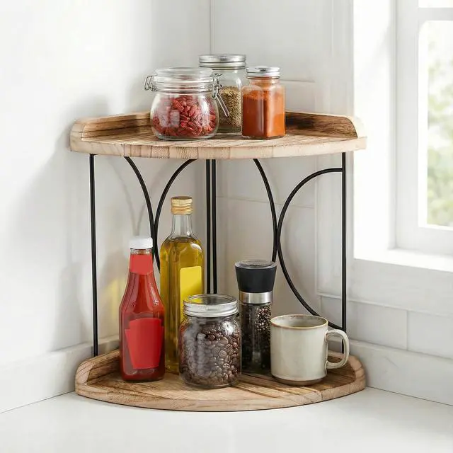 Alt view image 6 of 7 - 2-Tier Bathroom Counter Organizer, Wood Vanity Corner Shelf, Skincare Storage Standing Tray, Kitchen Countertop Spice Rack, Makeup Perfume Holder for Bathroom Organization, Dresser, Kitchen