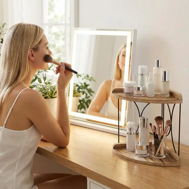 Alt view image 7 of 7 - 2-Tier Bathroom Counter Organizer, Wood Vanity Corner Shelf, Skincare Storage Standing Tray, Kitchen Countertop Spice Rack, Makeup Perfume Holder for Bathroom Organization, Dresser, Kitchen