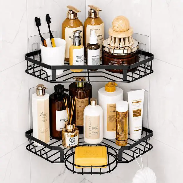 Main image of Corner Shower Caddy, Rustproof Shower Organizer with Soap Holder and 8 Hooks, No Drilling Adhesive Shower Shelves for Inside Shower, Large Capacity Shower Rack for Bathroom Shower Storage, Black