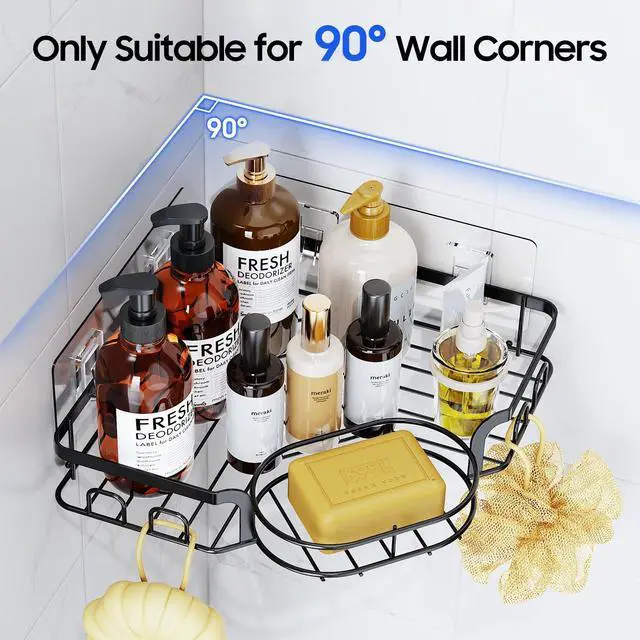 Alt view image 2 of 7 - Corner Shower Caddy, Rustproof Shower Organizer with Soap Holder and 8 Hooks, No Drilling Adhesive Shower Shelves for Inside Shower, Large Capacity Shower Rack for Bathroom Shower Storage, Black