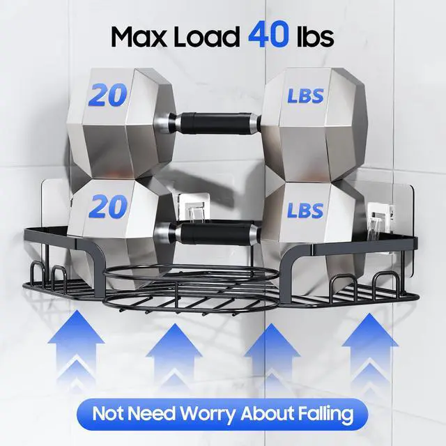 Alt view image 3 of 7 - Corner Shower Caddy, Rustproof Shower Organizer with Soap Holder and 8 Hooks, No Drilling Adhesive Shower Shelves for Inside Shower, Large Capacity Shower Rack for Bathroom Shower Storage, Black