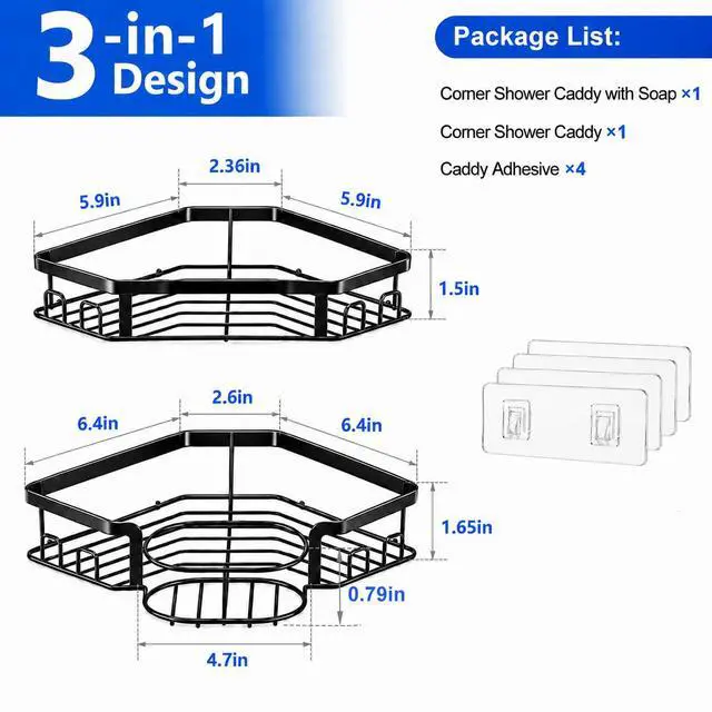 Alt view image 5 of 7 - Corner Shower Caddy, Rustproof Shower Organizer with Soap Holder and 8 Hooks, No Drilling Adhesive Shower Shelves for Inside Shower, Large Capacity Shower Rack for Bathroom Shower Storage, Black