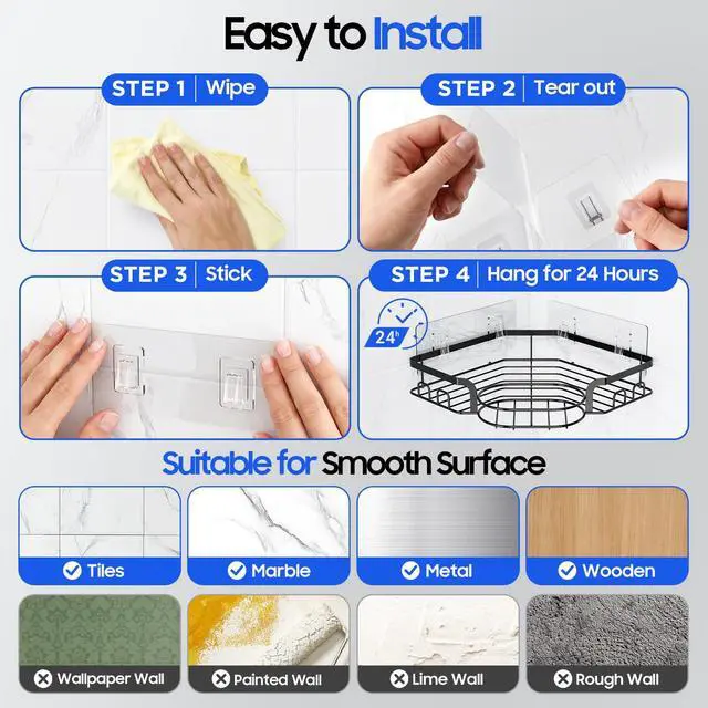 Alt view image 6 of 7 - Corner Shower Caddy, Rustproof Shower Organizer with Soap Holder and 8 Hooks, No Drilling Adhesive Shower Shelves for Inside Shower, Large Capacity Shower Rack for Bathroom Shower Storage, Black