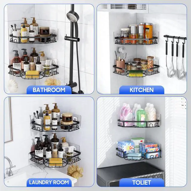 Alt view image 7 of 7 - Corner Shower Caddy, Rustproof Shower Organizer with Soap Holder and 8 Hooks, No Drilling Adhesive Shower Shelves for Inside Shower, Large Capacity Shower Rack for Bathroom Shower Storage, Black
