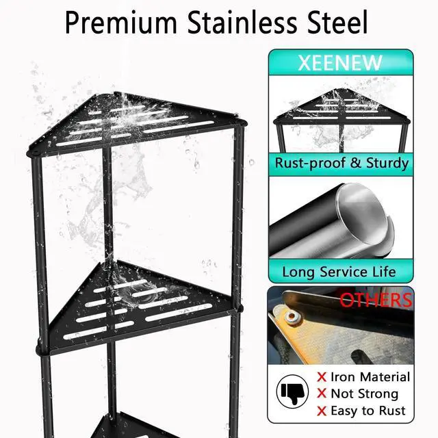 Alt view image 2 of 7 - Standing Shower Caddy Corner, 3 Tier Stainless Steel Shower Organizer Stand, Rustproof Corner Shower Shelves, Corner Shower Caddy Bathroom Shower Stand, Black